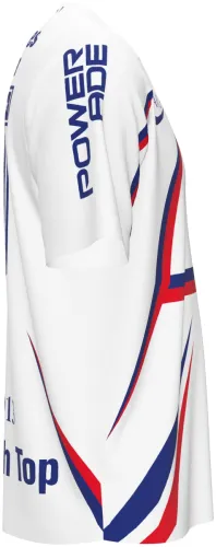 Camisa de pré-jogo dos Estados Unidos 2026 branca com curvas azuis e vermelhas, frente e costas