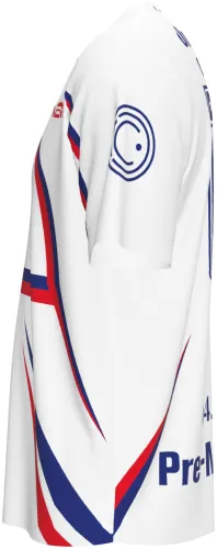 Camisa de pré-jogo dos Estados Unidos 2026 branca com curvas azuis e vermelhas, frente e costas