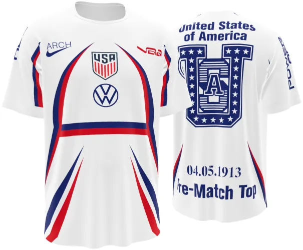 Camisa de pré-jogo dos Estados Unidos 2026 branca com curvas azuis e vermelhas, frente e costas