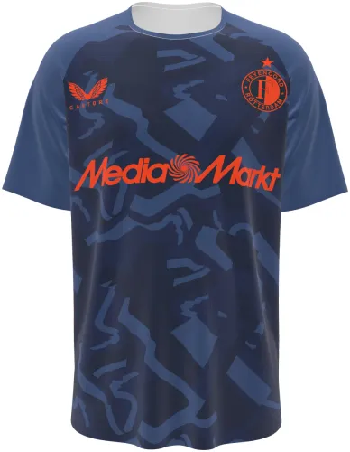 Camisa terceiro uniforme do Feyenoord 2026 - 2027 azul-marinho com fitas tom sobre tom, frente e costas