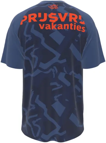 Camisa terceiro uniforme do Feyenoord 2026 - 2027 azul-marinho com fitas tom sobre tom, frente e costas