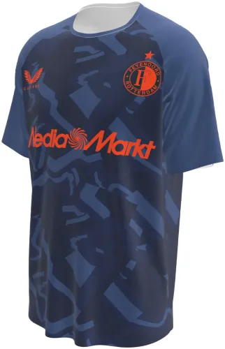 Camisa terceiro uniforme do Feyenoord 2026 - 2027 azul-marinho com fitas tom sobre tom, frente e costas