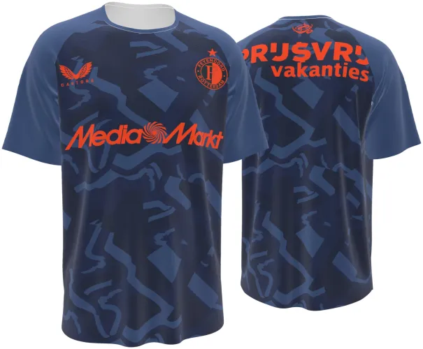 Camisa terceiro uniforme do Feyenoord 2026 - 2027 azul-marinho com fitas tom sobre tom, frente e costas