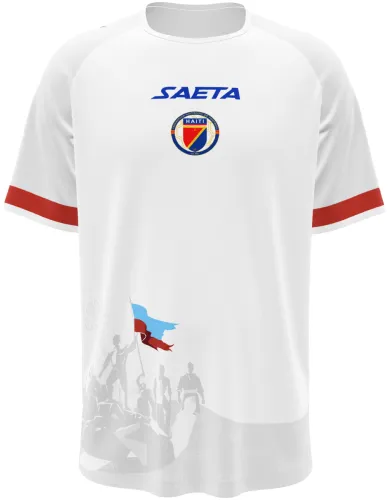 Camisa visitante do Haiti 2026 branca com cena da independência na barra, frente e costas