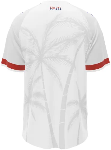Camisa visitante do Haiti 2026 branca com cena da independência na barra, frente e costas