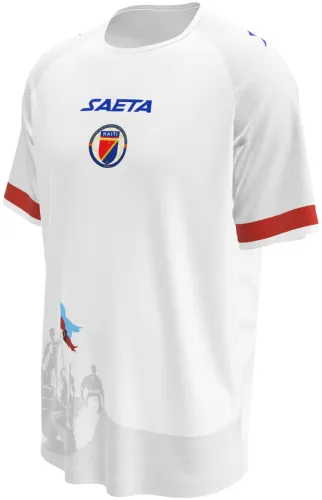 Camisa visitante do Haiti 2026 branca com cena da independência na barra, frente e costas