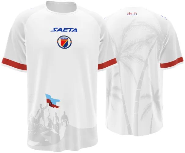 Camisa visitante do Haiti 2026 branca com cena da independência na barra, frente e costas