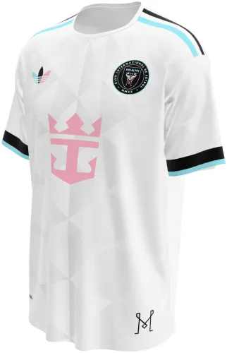 Camisa terceiro uniforme do Inter Miami 2026 branca com uma coroa rosa no peito, frente e costas