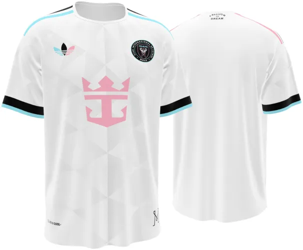 Camisa terceiro uniforme do Inter Miami 2026 branca com uma coroa rosa no peito, frente e costas