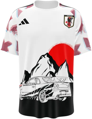 Camisa conceito do Japão 2026 branca com Monte Fuji, sol vermelho e carro, frente e costas
