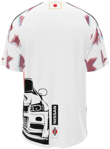 Camisa conceito do Japão 2026 branca com Monte Fuji, sol vermelho e carro, frente e costas