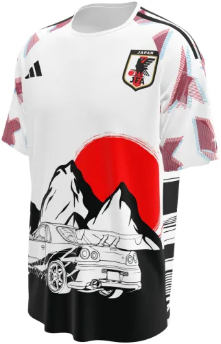Camisa conceito do Japão 2026 branca com Monte Fuji, sol vermelho e carro, frente e costas