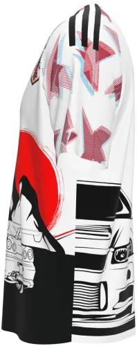 Camisa conceito do Japão 2026 branca com Monte Fuji, sol vermelho e carro, frente e costas