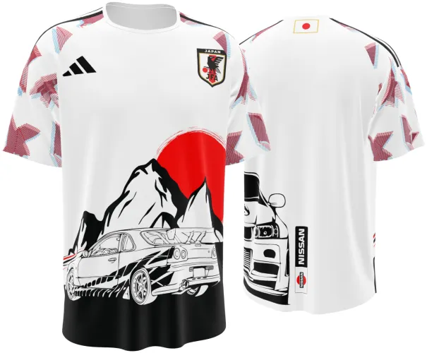 Camisa conceito do Japão 2026 branca com Monte Fuji, sol vermelho e carro, frente e costas