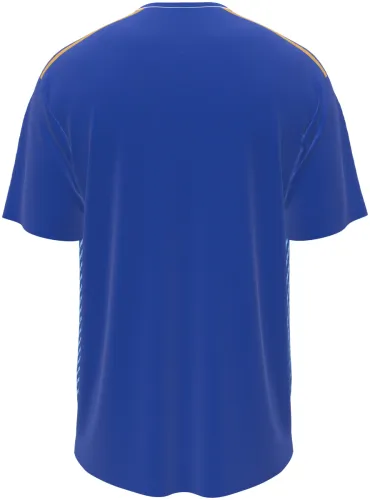 Camisa titular do Kosovo 2026 azul com faixas diagonais pontilhadas, frente e costas