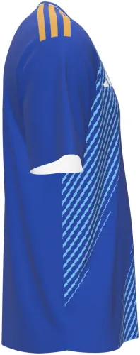 Camisa titular do Kosovo 2026 azul com faixas diagonais pontilhadas, frente e costas