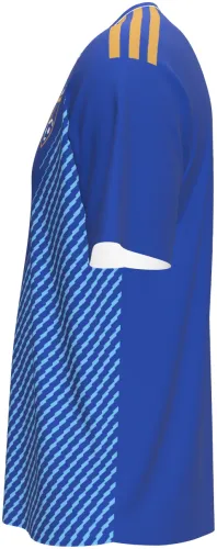 Camisa titular do Kosovo 2026 azul com faixas diagonais pontilhadas, frente e costas