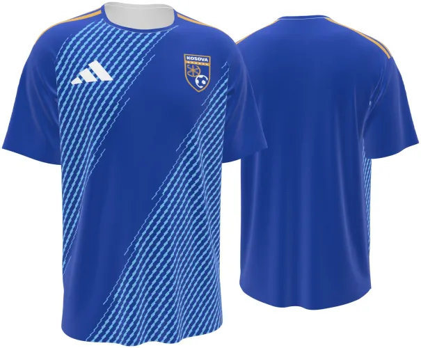Camisa titular do Kosovo 2026 azul com faixas diagonais pontilhadas, frente e costas