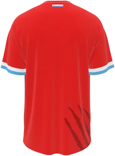 Camisa titular de Luxemburgo 2026 - 2027 vermelha com leão e marcas de garra, frente e costas