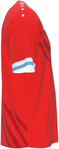 Camisa titular de Luxemburgo 2026 - 2027 vermelha com leão e marcas de garra, frente e costas