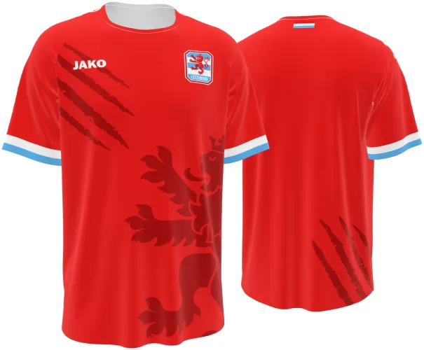 Camisa titular de Luxemburgo 2026 - 2027 vermelha com leão e marcas de garra, frente e costas