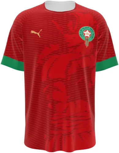 Camisa conceito de Marrocos 2026 vermelha com leão-do-atlas tom sobre tom, frente e costas