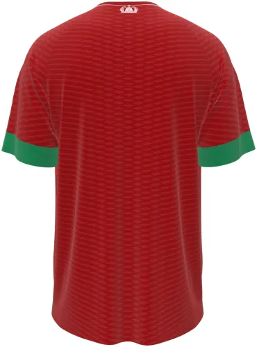 Camisa conceito de Marrocos 2026 vermelha com leão-do-atlas tom sobre tom, frente e costas