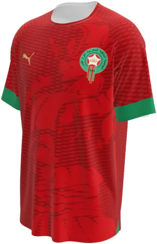 Camisa conceito de Marrocos 2026 vermelha com leão-do-atlas tom sobre tom, frente e costas