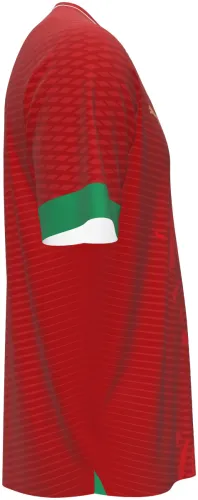 Camisa conceito de Marrocos 2026 vermelha com leão-do-atlas tom sobre tom, frente e costas