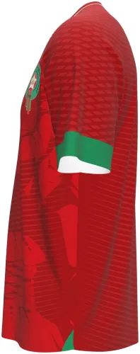 Camisa conceito de Marrocos 2026 vermelha com leão-do-atlas tom sobre tom, frente e costas