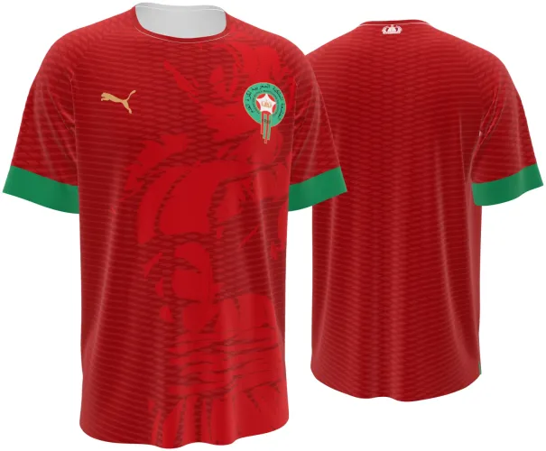 Camisa conceito de Marrocos 2026 vermelha com leão-do-atlas tom sobre tom, frente e costas