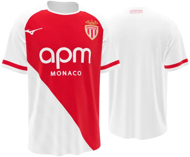 Camisa titular do Monaco 2026 - 2027 branca com a diagonal vermelha, frente e costas