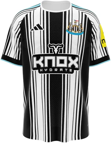 Camisa titular do Newcastle United 2026 - 2027 listrada de preto e branco, frente e costas