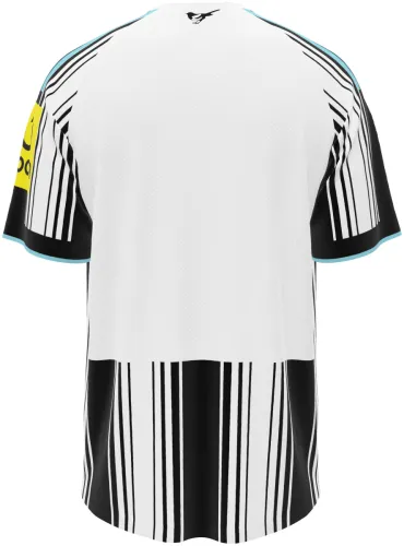 Camisa titular do Newcastle United 2026 - 2027 listrada de preto e branco, frente e costas