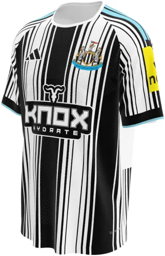 Camisa titular do Newcastle United 2026 - 2027 listrada de preto e branco, frente e costas