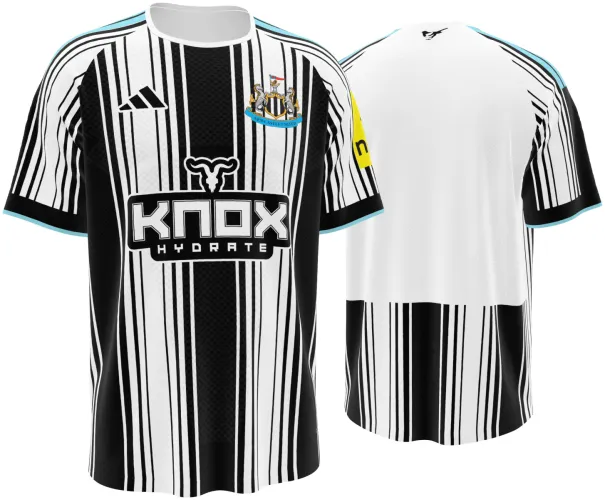 Camisa titular do Newcastle United 2026 - 2027 listrada de preto e branco, frente e costas