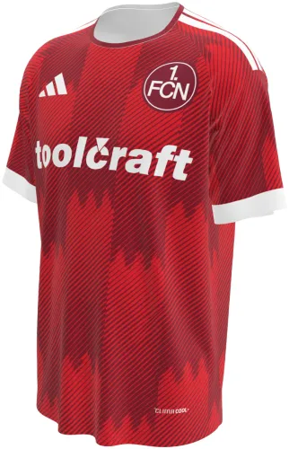 Camisa titular do Nuremberg 2026 - 2027 vermelha com padrão de muralha, frente e costas