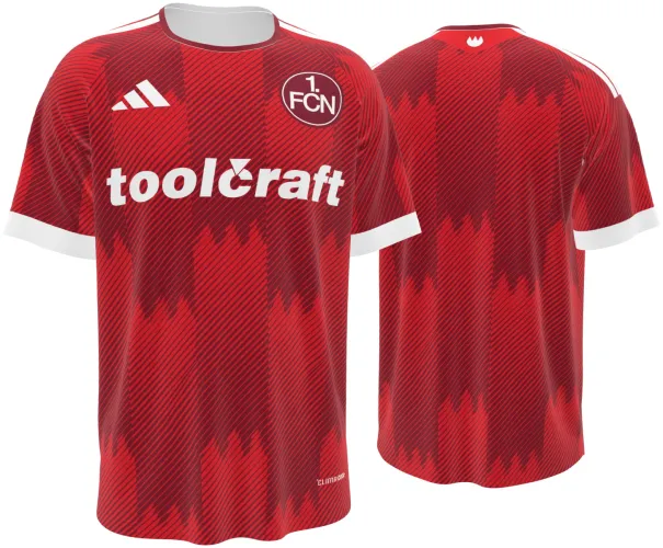 Camisa titular do Nuremberg 2026 - 2027 vermelha com padrão de muralha, frente e costas