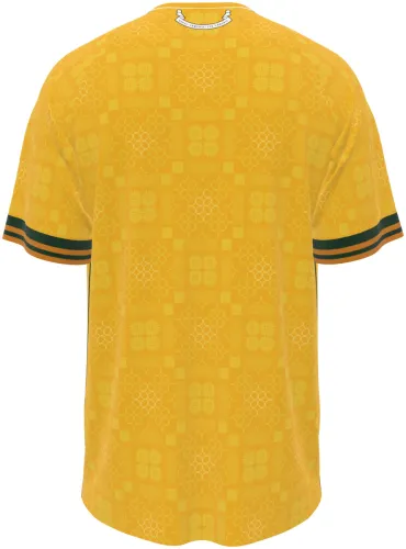 Camisa visitante do País de Gales 2026 - 2027 amarela com ladrilho celta tom sobre tom, frente e costas