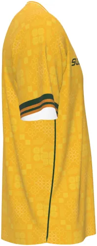 Camisa visitante do País de Gales 2026 - 2027 amarela com ladrilho celta tom sobre tom, frente e costas