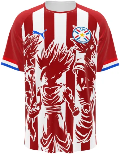 Camisa conceito do Paraguai 2026 listrada com o Goku desenhado, frente e costas
