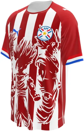 Camisa conceito do Paraguai 2026 listrada com o Goku desenhado, frente e costas