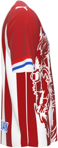 Camisa conceito do Paraguai 2026 listrada com o Goku desenhado, frente e costas