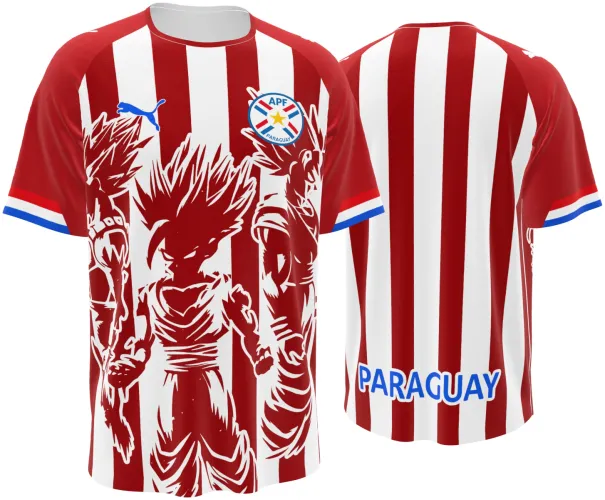 Camisa conceito do Paraguai 2026 listrada com o Goku desenhado, frente e costas