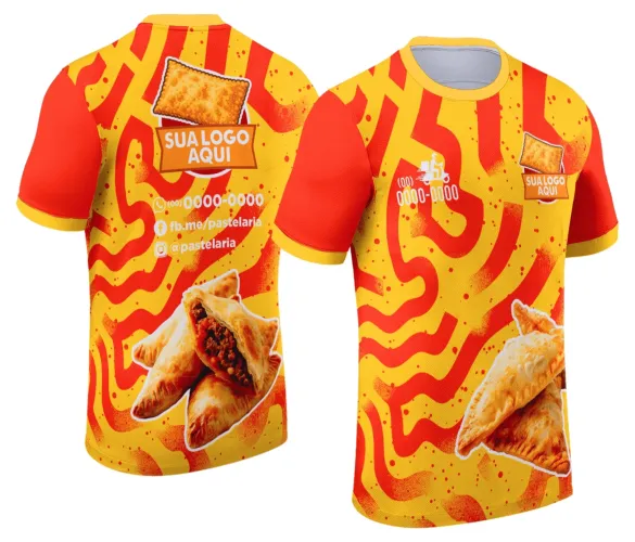 Foto de camisa estilizada com logo no peito e estampa grande nas costas mostrando detalhes relacionados à pastelaria, cores suaves e design moderno que destaca o tema gourmet de forma elegante e atrativa.