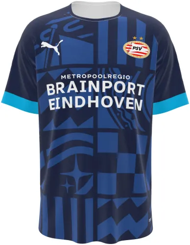 Camisa terceiro uniforme do PSV Eindhoven 2026 - 2027 azul-marinho com grafismo de circuito, frente e costas