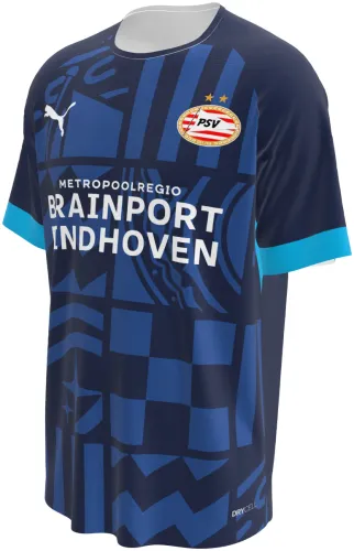 Camisa terceiro uniforme do PSV Eindhoven 2026 - 2027 azul-marinho com grafismo de circuito, frente e costas