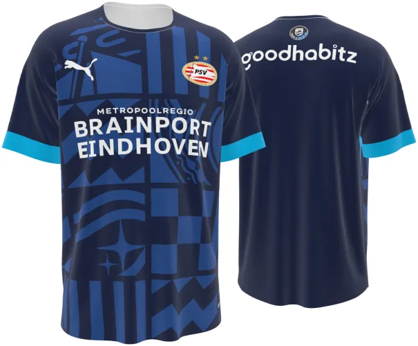 Camisa terceiro uniforme do PSV Eindhoven 2026 - 2027 azul-marinho com grafismo de circuito, frente e costas