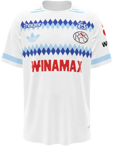 Camisa visitante do RC Strasbourg 2026 - 2027 branca com faixa de losangos azuis, frente e costas