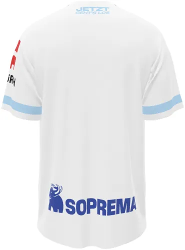 Camisa visitante do RC Strasbourg 2026 - 2027 branca com faixa de losangos azuis, frente e costas